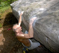 Jo Montchauss� in Les Gros Knee Bars (DG) (Roche aux Sabots Sud)