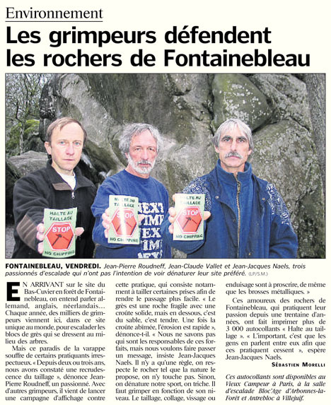  Le Parisien : Les grimpeurs d�fendent les rochers de Fontainebleau 